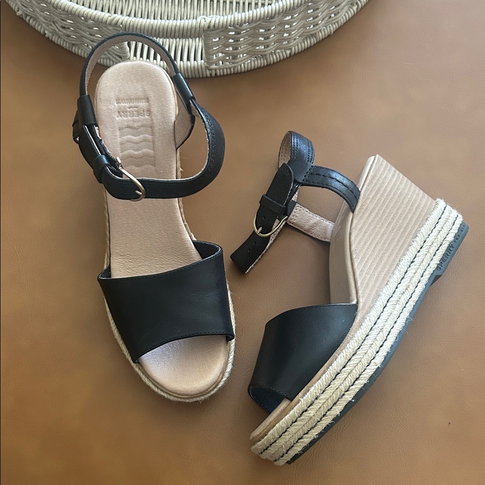 Sperry Black Espadrille Wedge Sandals